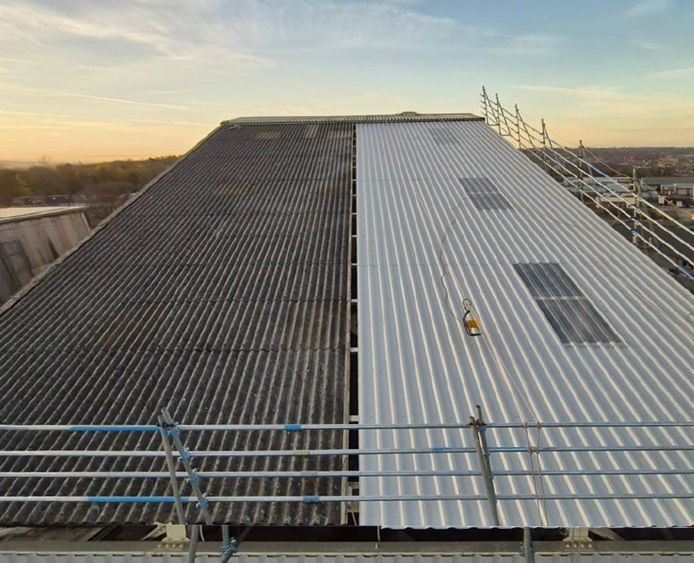 Industrial roof replacement mid-installation at a silo head house in West Yorkshire